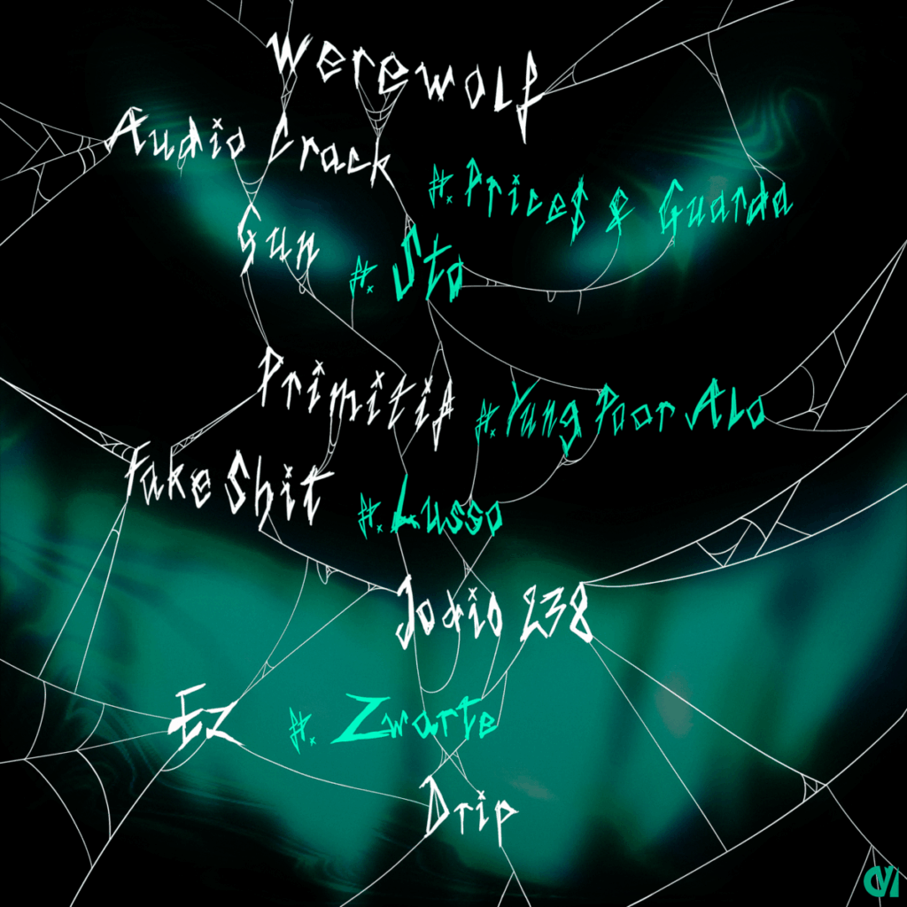 Liste des titres de l'album, pris dans des fils appartenant à une toile d'araignée, sur un fond noir où l'on peut apercevoir les yeux et la bouches verts d'un monstre.