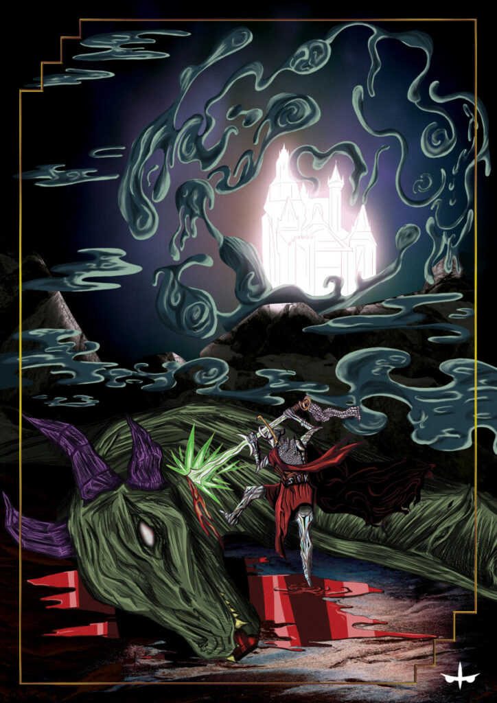 Illustration SVS FEM mettant en scène un chevalier transperçant le cou d'un dragon avec son Zweihander, scène qui se déroule au sol dans un grotte, sur une flaque de sang. On aperçoit au loin en arrière plan un château en forme spectrale, entouré de brume difforme verte.