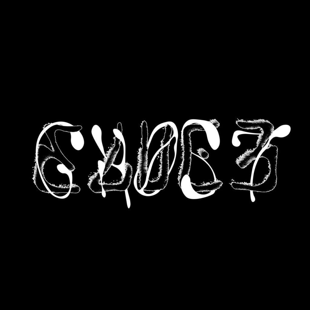 Mot Ghost entremêlé avec le mot Blue B en blanc sur fond noir.  