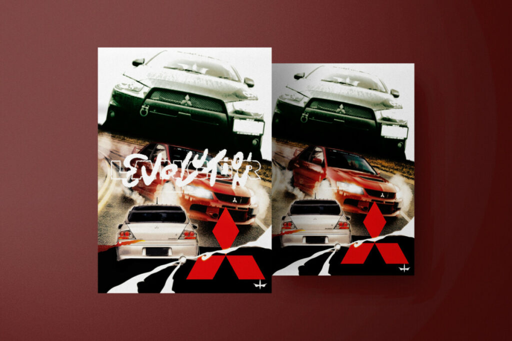 Maquette de deux posters de l'affiche EVO Lancer.
À gauche, il y a le logotype, à droite il n'y est pas.