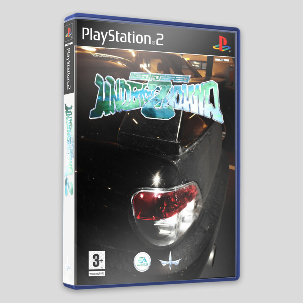 Jaquette du jeu vidéo « Need for Speed : Underground 2 » sur PlayStation 2, avec une voiture subaru noire et le logotype personnalisé pour le titre.
