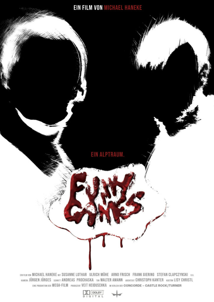 Affiche fictive du film "Funny Games" réalisé par Michael Haneke, les deux silhouettes blanches des antagonistes sur fond noir, avec le titre en texte rouge dégoulinant, représentant du sang,
