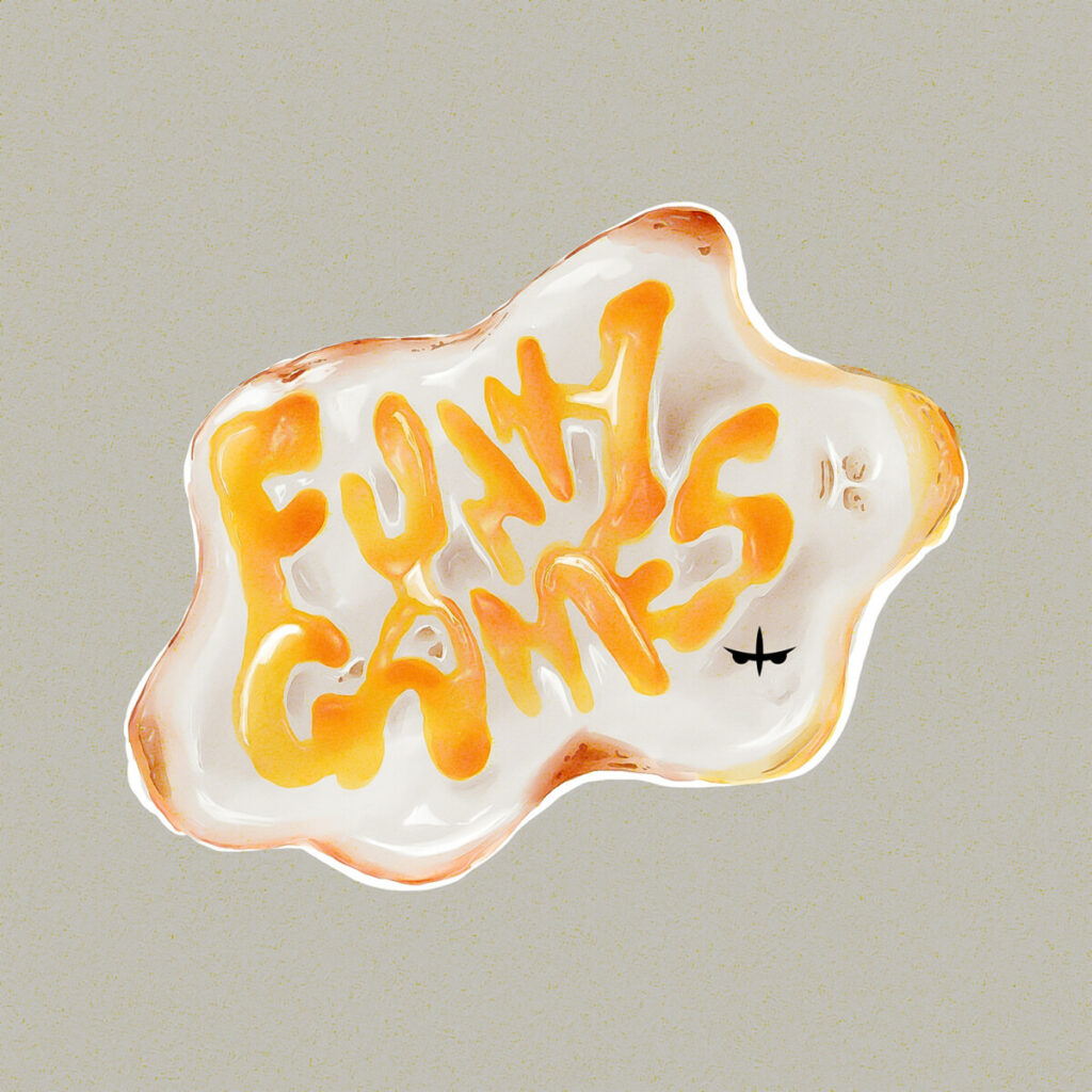 Une illustration représentant un oeuf comportant les mots « FUNNY GAMES » en orange ressemblant à un jaune d’œuf renversé ,sur un fond gris clair.
