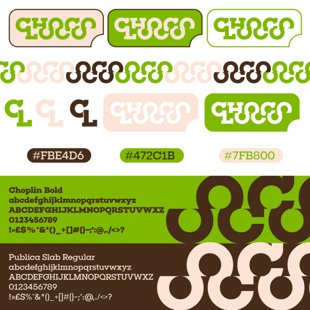 Une conception graphique affichant différents styles de typographie et échantillons de couleurs, dans le but de présenter l'identité visuelle de ChocoLoco. 
le logo ChocoLoco est affiché dans différentes tailles, styles et couleurs, accompagné de divers éléments de conception comme un monogramme. Les couleurs utilisées sont du vert, du marron et du beige.
