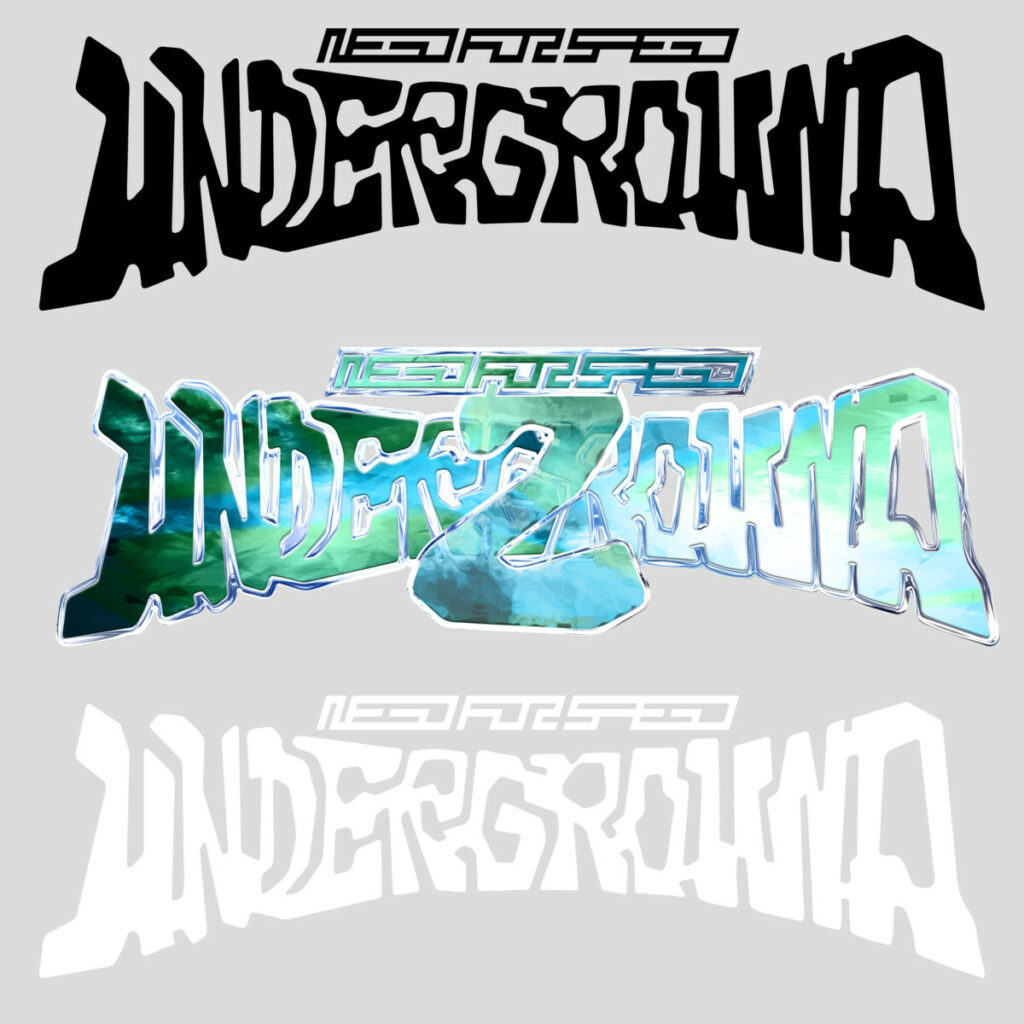 Logos de NFSU2 dans plusieurs styles, incluant une version noire, une version blanche, et une version colorée avec des bords métallisés.
